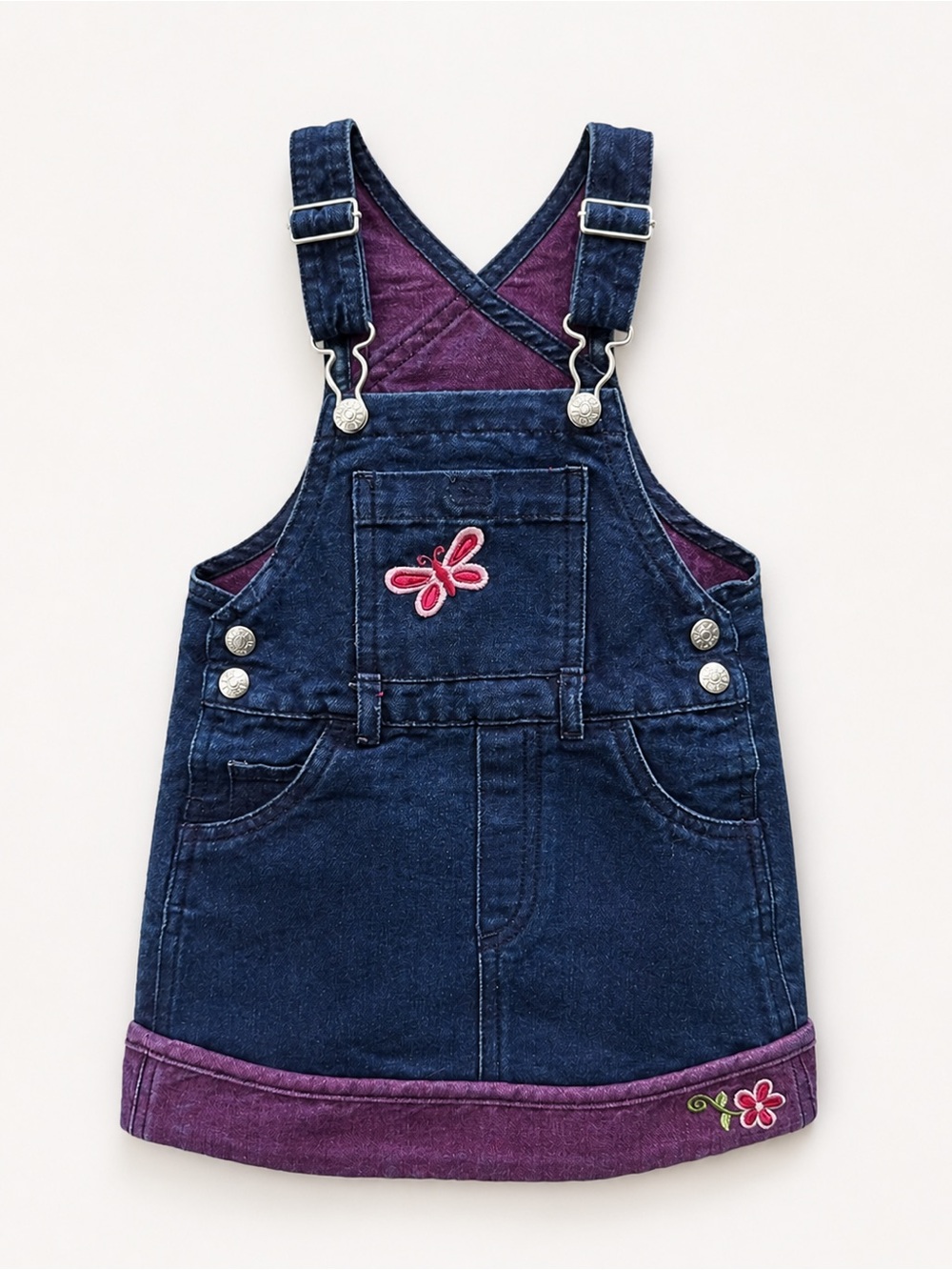 Y2K The Children's Place Denim Overall Dress with Purple Trim